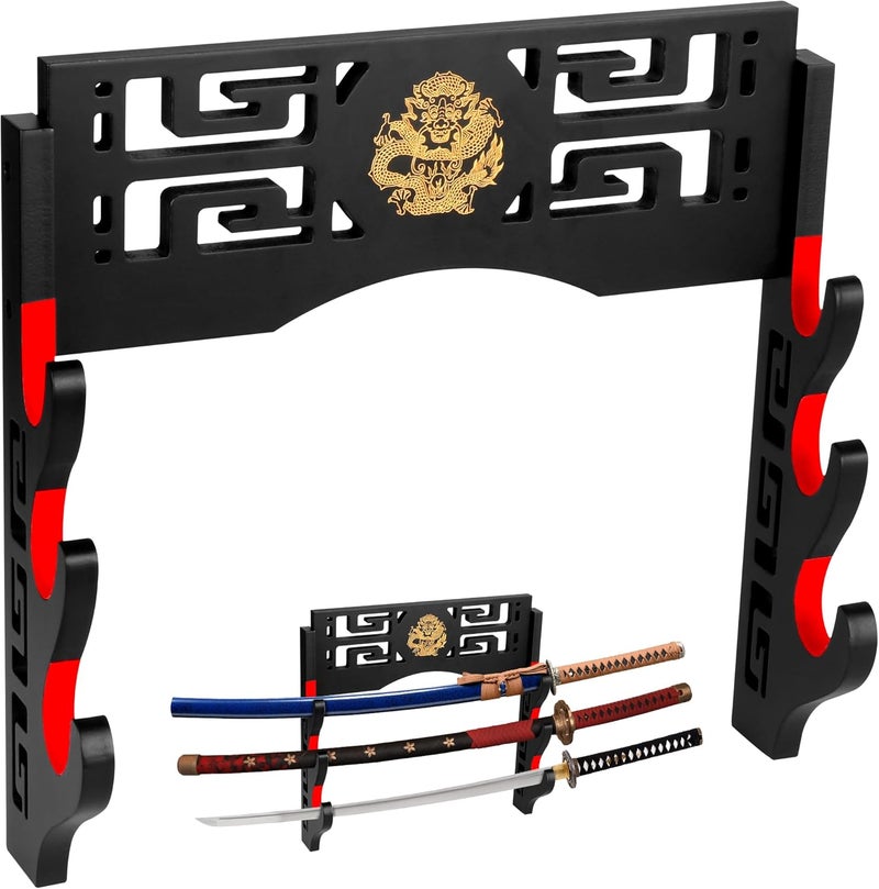 Alyoen Sword Display Katana Wall Mount, 3-Tier Samurai Sword Katana Holder Stand with Velvet Padded Hook & Dragon Pattern, Sword Rack for Wakizashi Lightsaber Samurai - Image 1